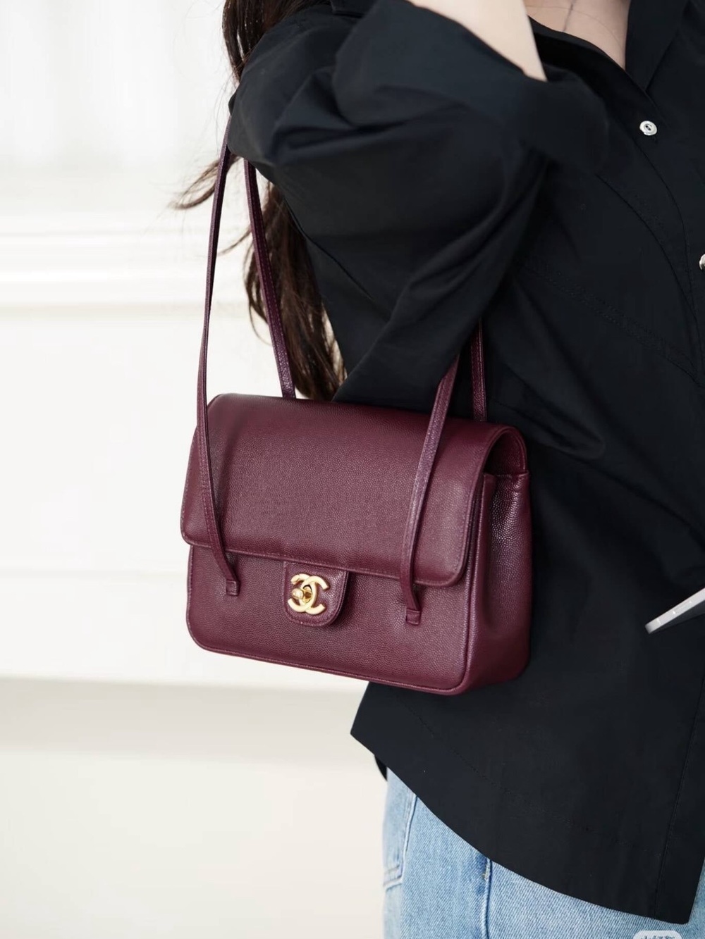 Burgundy Leather Shoulder Bag with Gold Hardware